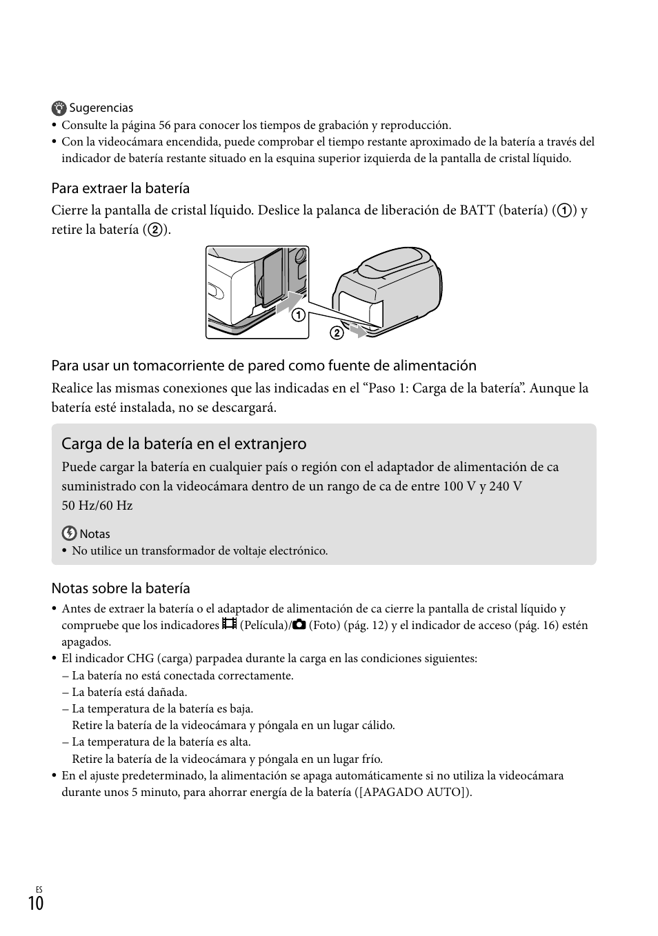 Carga de la batería en el extranjero, Para extraer la batería, Notas sobre la batería | Sony DCR-SX83 User Manual | Page 72 / 124