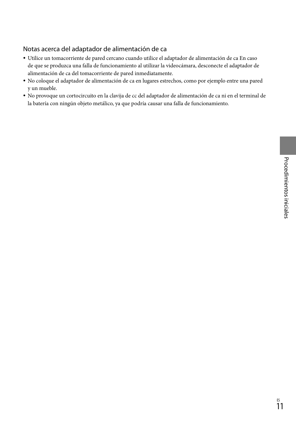 Notas acerca del adaptador de alimentación de ca | Sony DCR-SX83 User Manual | Page 73 / 124
