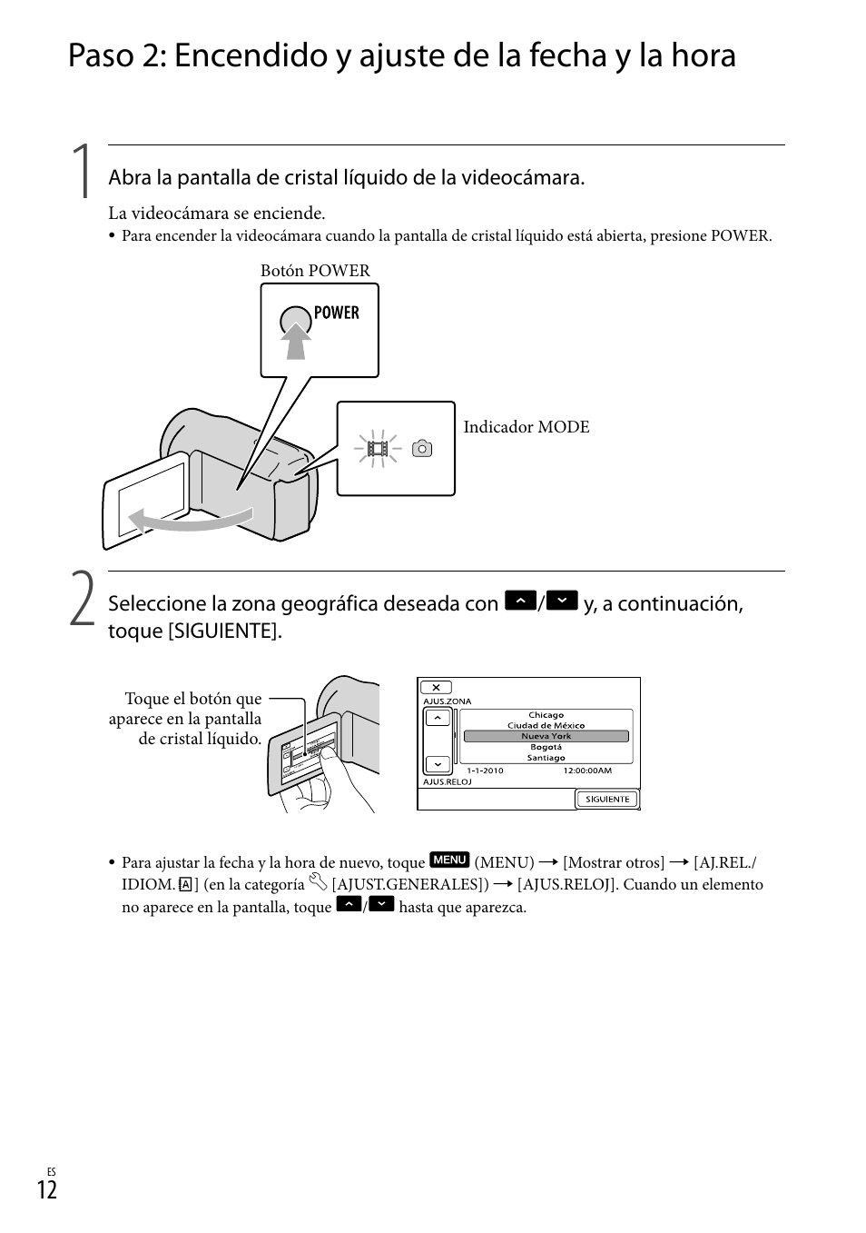 Paso 2: encendido y ajuste de la fecha y la hora, 12) y e | Sony DCR-SX83 User Manual | Page 74 / 124