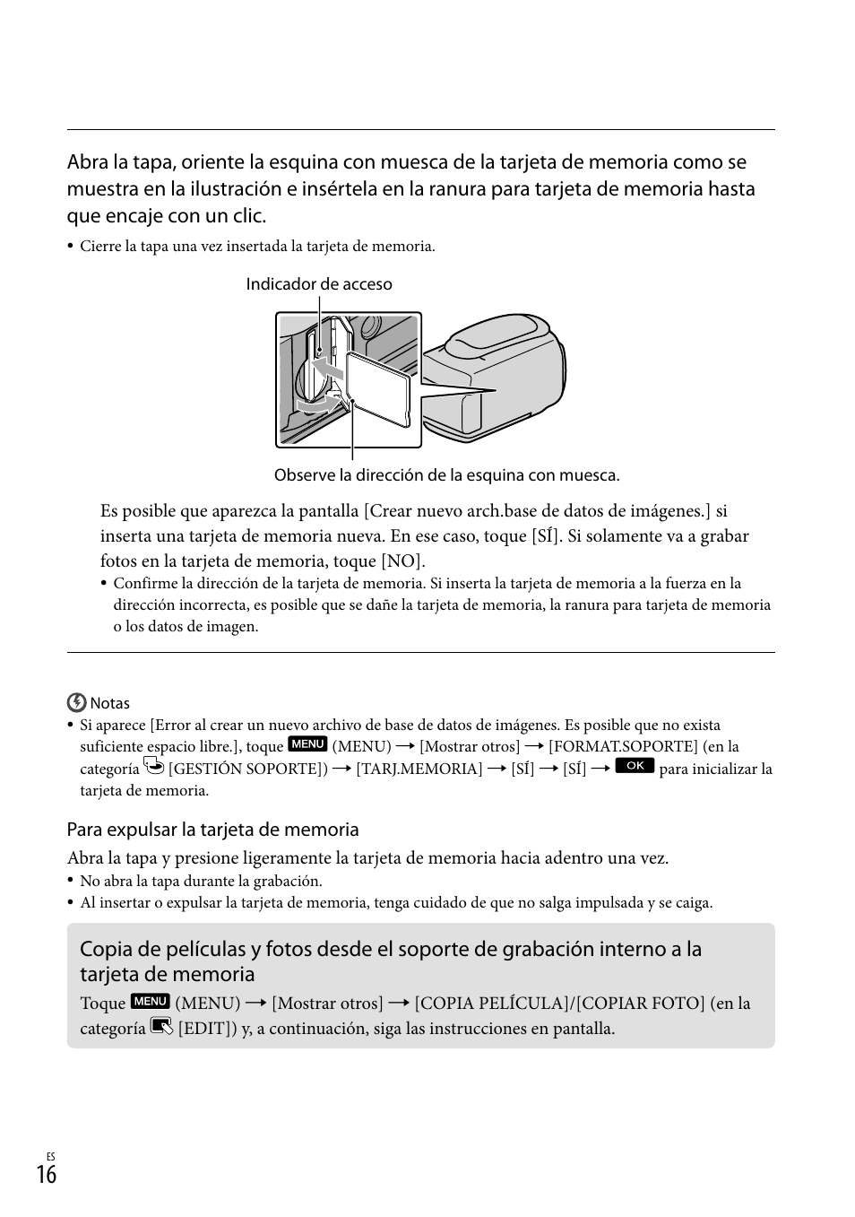 De memoria, 16) es | Sony DCR-SX83 User Manual | Page 78 / 124