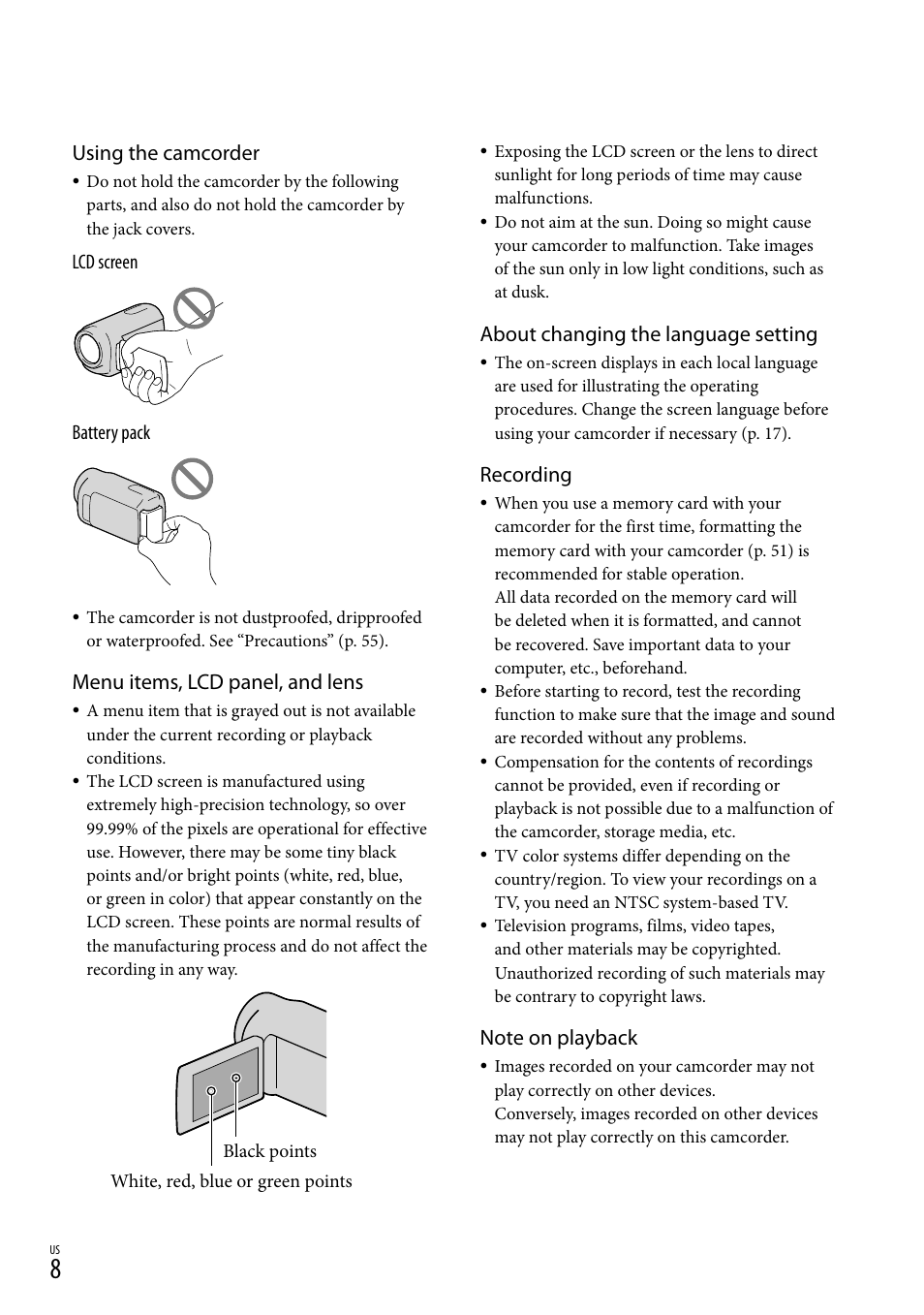 Using the camcorder, Menu items, lcd panel, and lens, About changing the language setting | Recording | Sony DCR-SX83 User Manual | Page 8 / 124