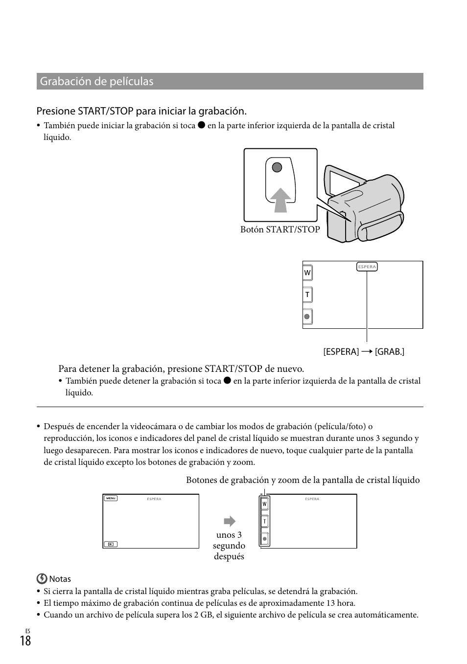 Grabación de películas, Presione start/stop para iniciar la grabación | Sony DCR-SX83 User Manual | Page 80 / 124
