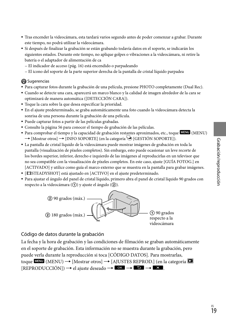 Código de datos durante la grabación | Sony DCR-SX83 User Manual | Page 81 / 124
