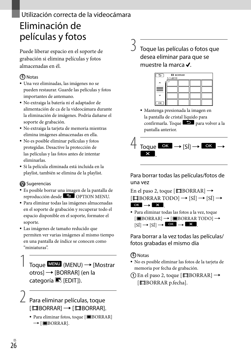 Utilización correcta de la videocámara, Eliminación de películas y fotos | Sony DCR-SX83 User Manual | Page 88 / 124