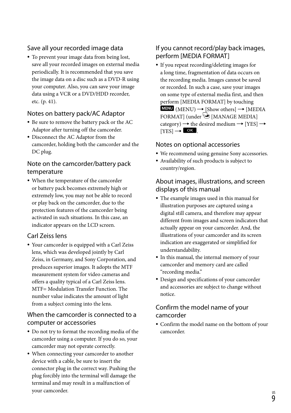 Save all your recorded image data, Carl zeiss lens, Confirm the model name of your camcorder | Sony DCR-SX83 User Manual | Page 9 / 124