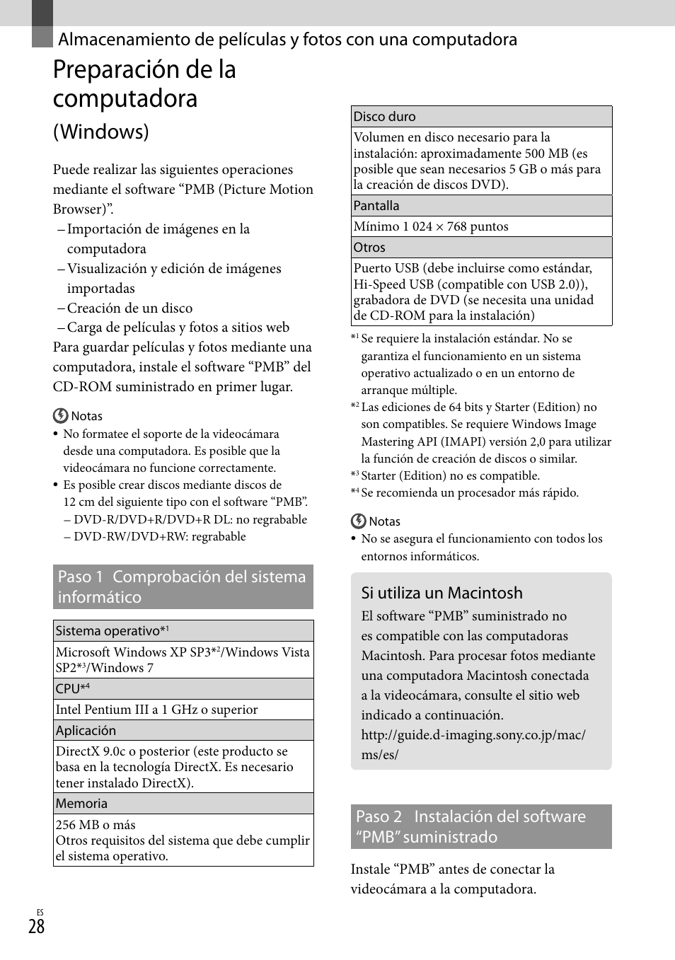 Preparación de la computadora (windows), Si utiliza un macintosh, Preparación de la computadora | Windows), Paso 1 comprobación del sistema informático, Paso 2 instalación del software “pmb” suministrado | Sony DCR-SX83 User Manual | Page 90 / 124