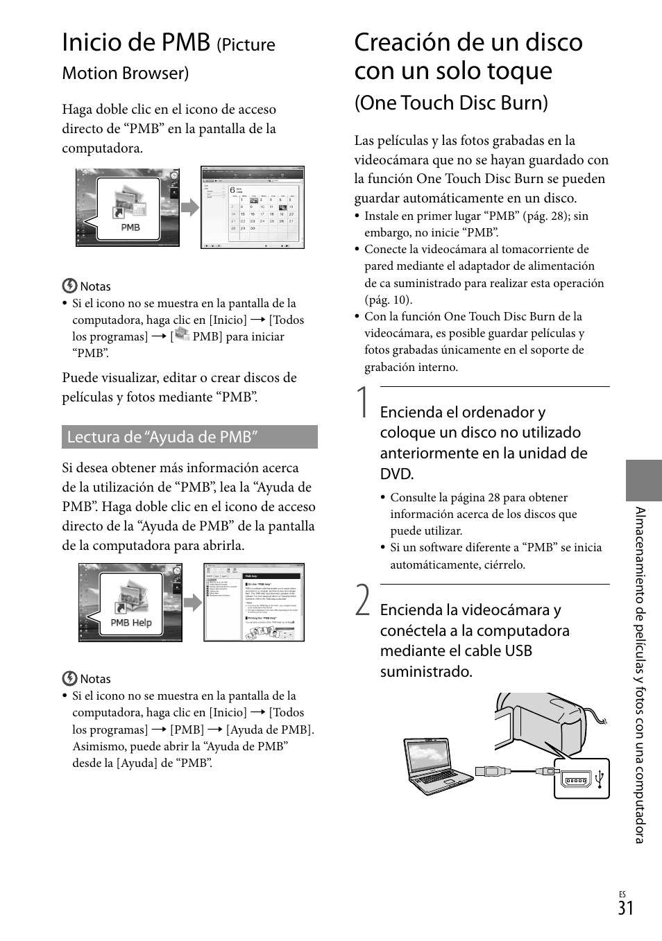 Inicio de pmb (picture motion browser), Inicio de pmb, Creación de un disco con un solo toque | One touch disc burn), Picture motion browser) | Sony DCR-SX83 User Manual | Page 93 / 124