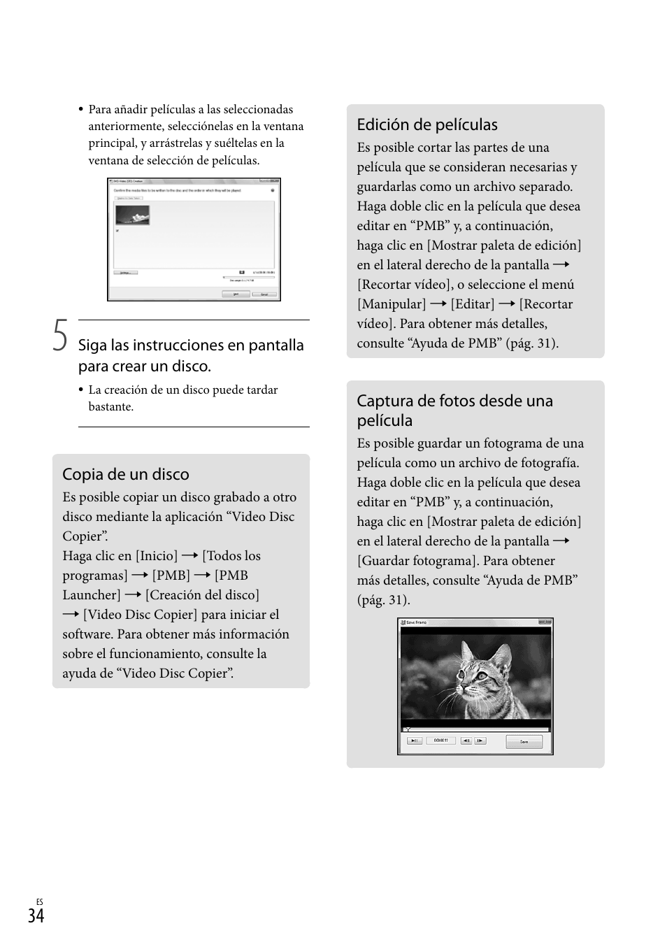 Copia de un disco, Edición de películas, Captura de fotos desde una película | Sony DCR-SX83 User Manual | Page 96 / 124