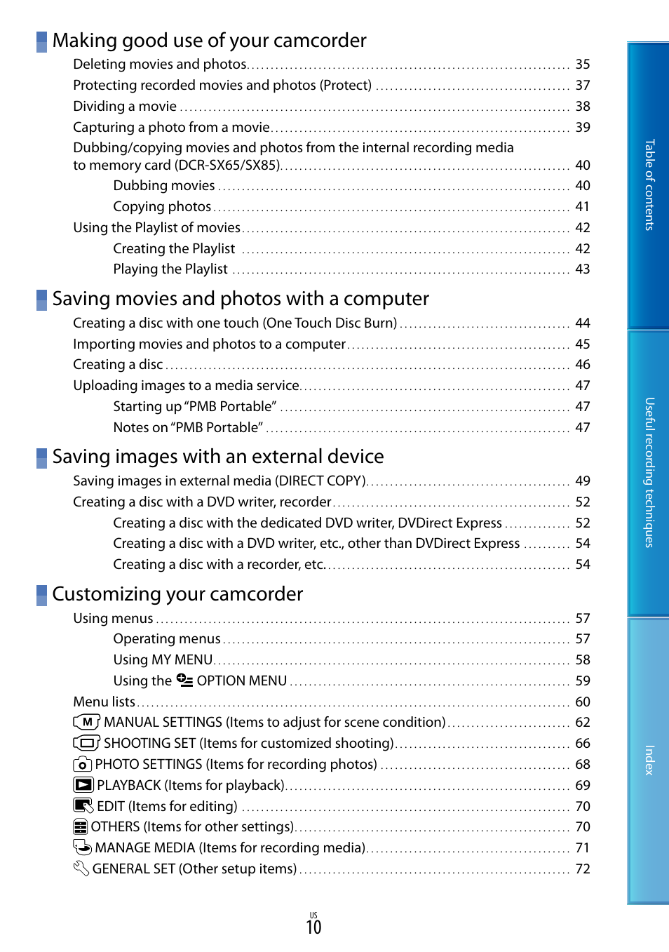 Making good use of your camcorder, Saving movies and photos with a computer, Saving images with an external device | Customizing your camcorder | Sony DCR-SX85 User Manual | Page 10 / 98
