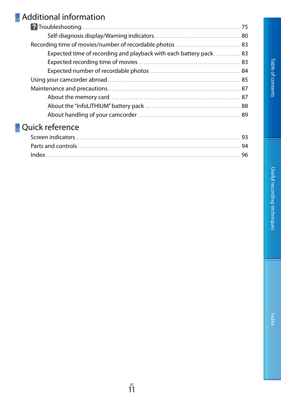 Additional information, Quick reference | Sony DCR-SX85 User Manual | Page 11 / 98