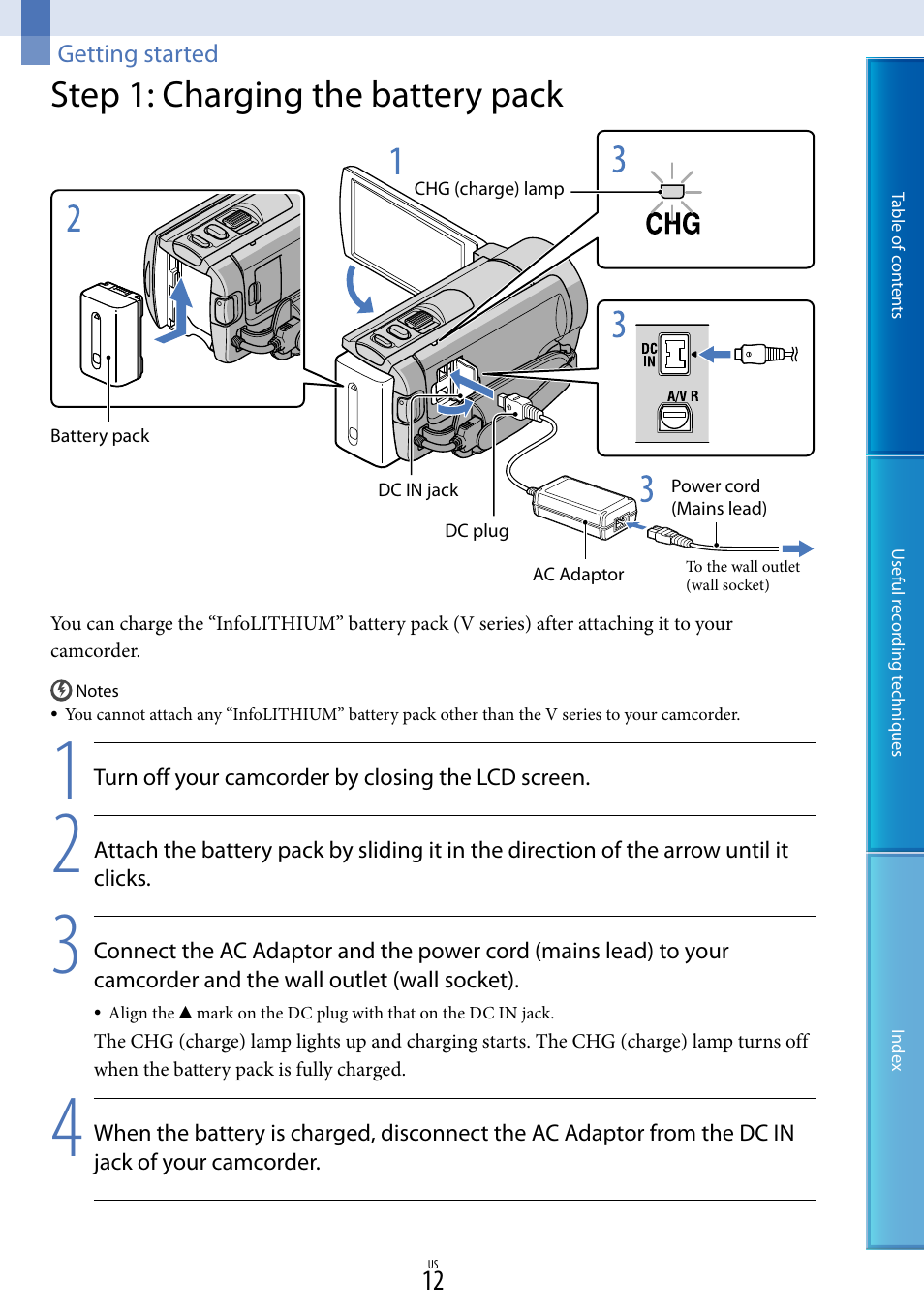 Getting started, Step 1: charging the battery pack | Sony DCR-SX85 User Manual | Page 12 / 98