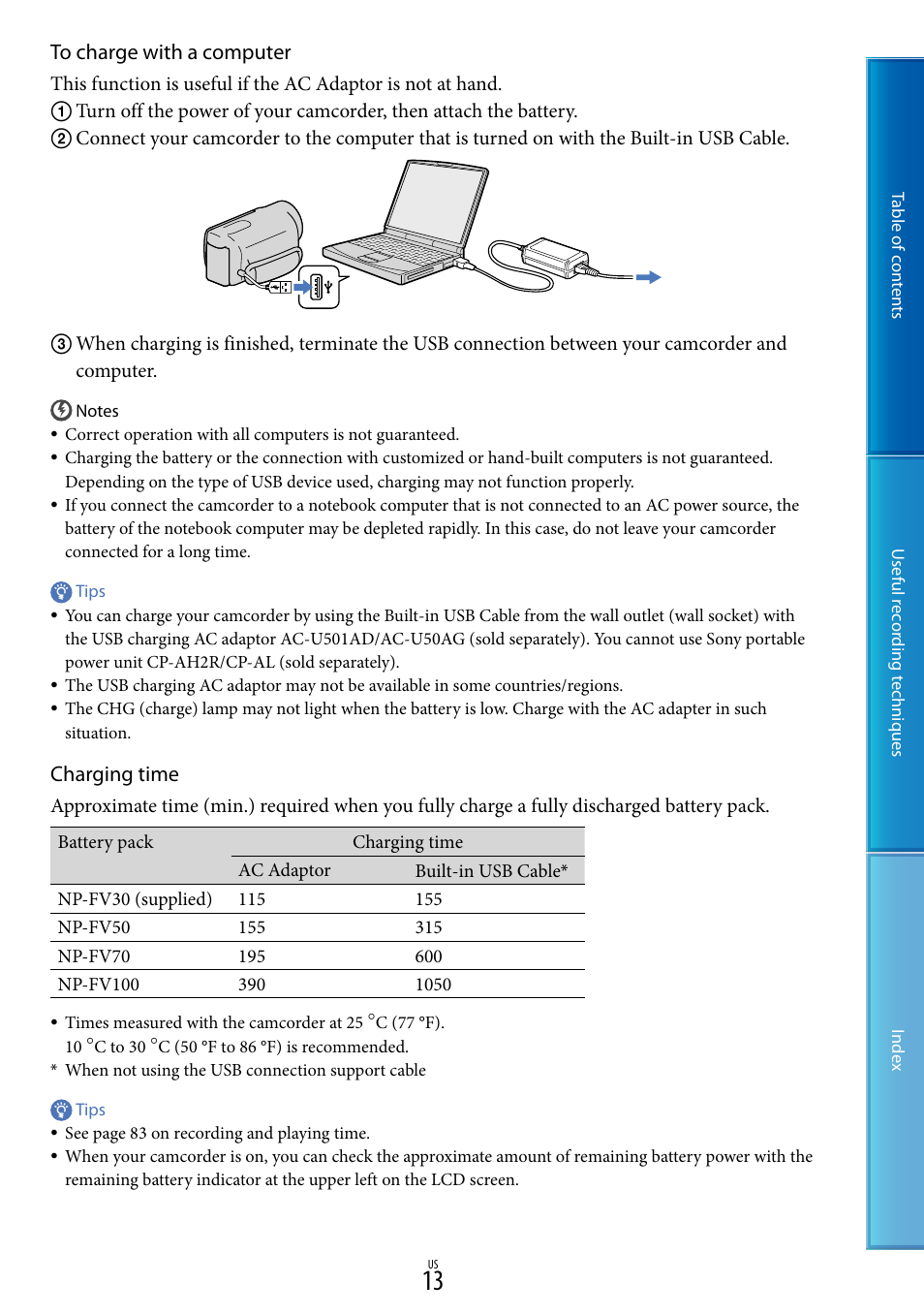 13), if, Charging time | Sony DCR-SX85 User Manual | Page 13 / 98