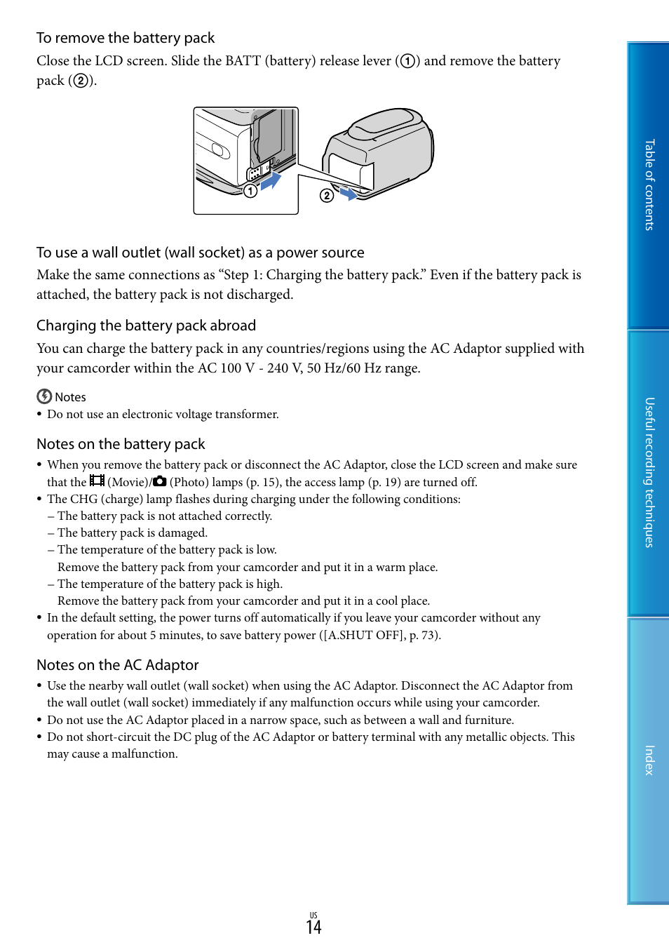 Charging the battery pack abroad | Sony DCR-SX85 User Manual | Page 14 / 98