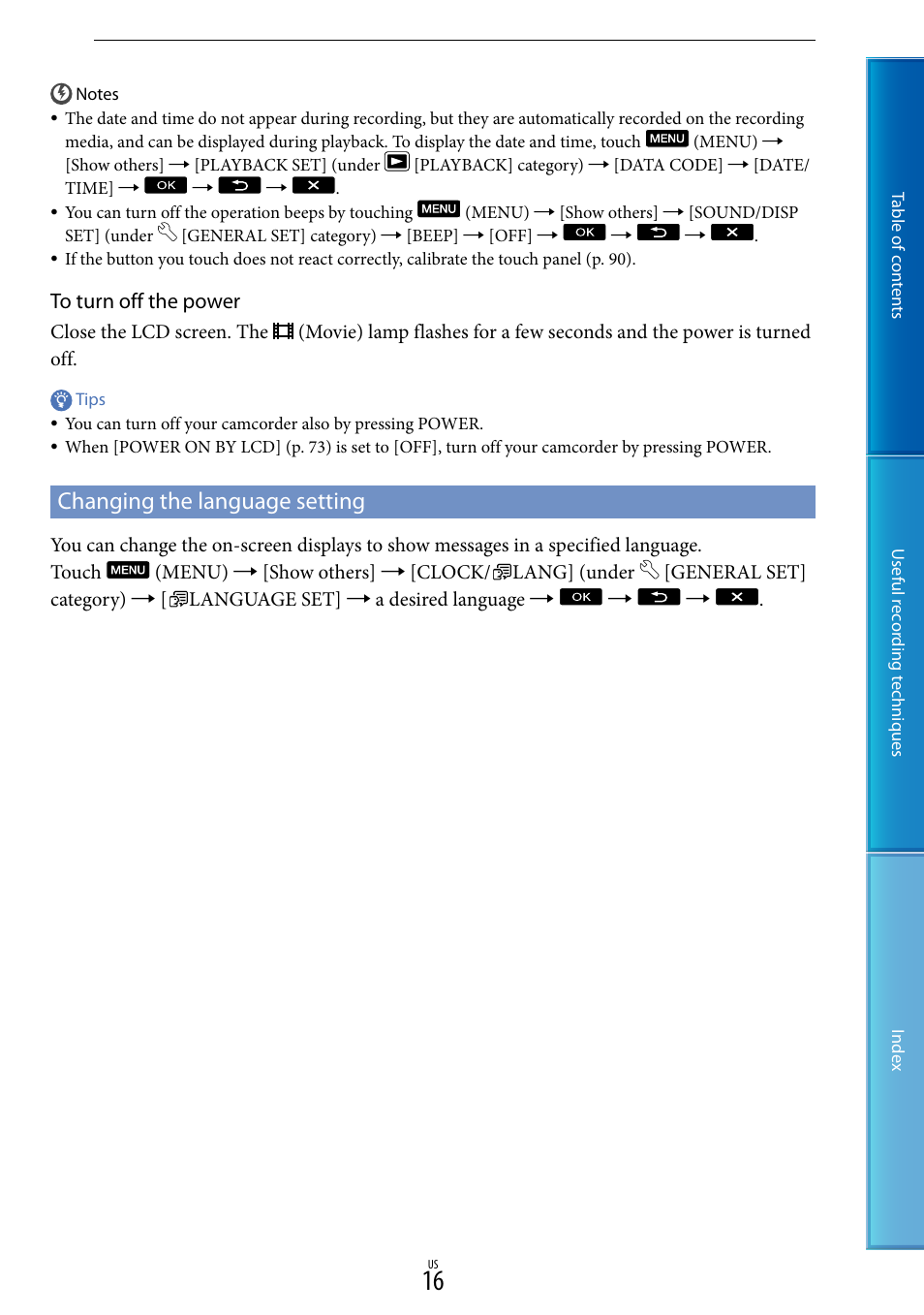 Changing the language setting | Sony DCR-SX85 User Manual | Page 16 / 98