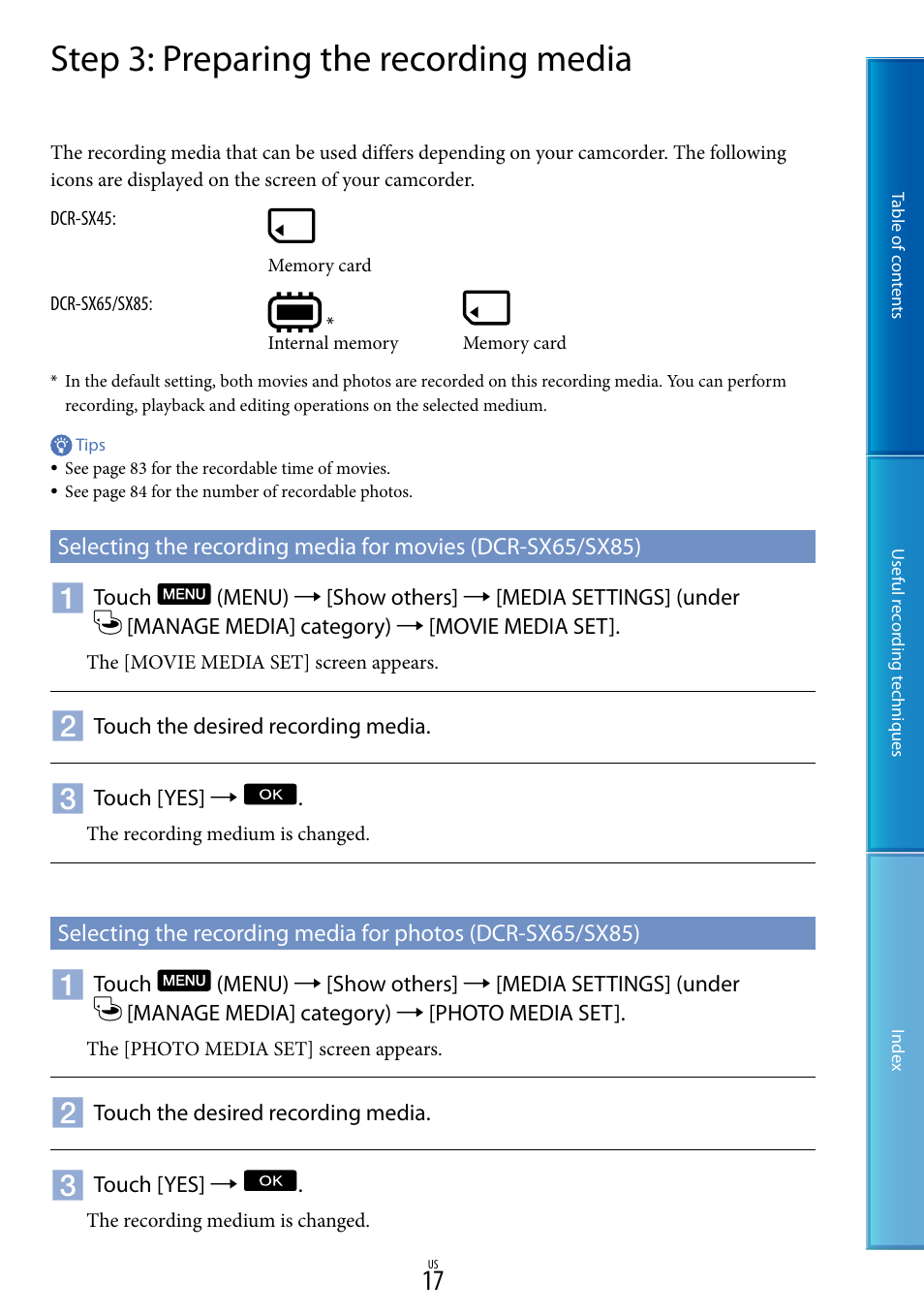 Step 3: preparing the recording media | Sony DCR-SX85 User Manual | Page 17 / 98