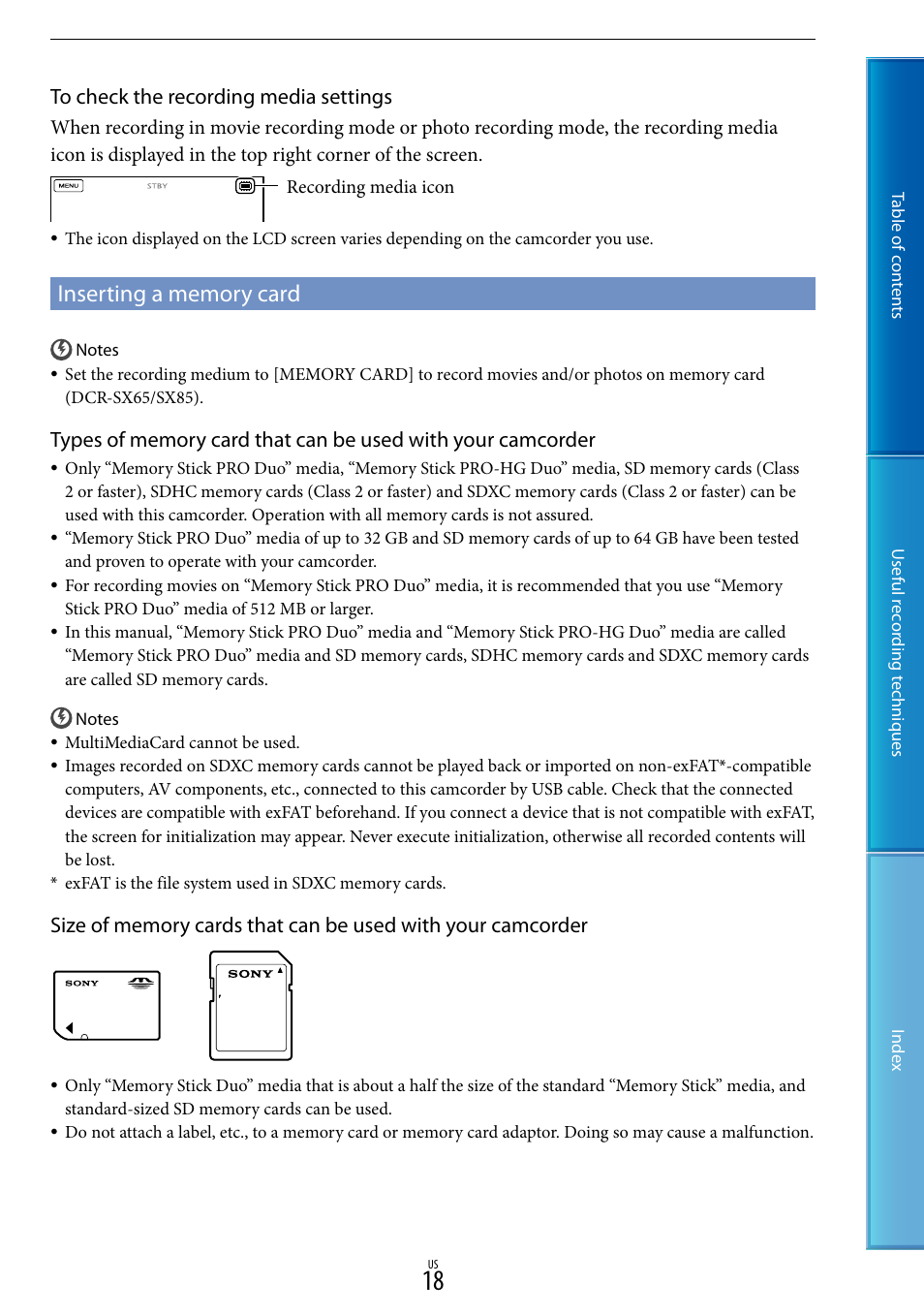 Inserting a memory card, E 18 f | Sony DCR-SX85 User Manual | Page 18 / 98