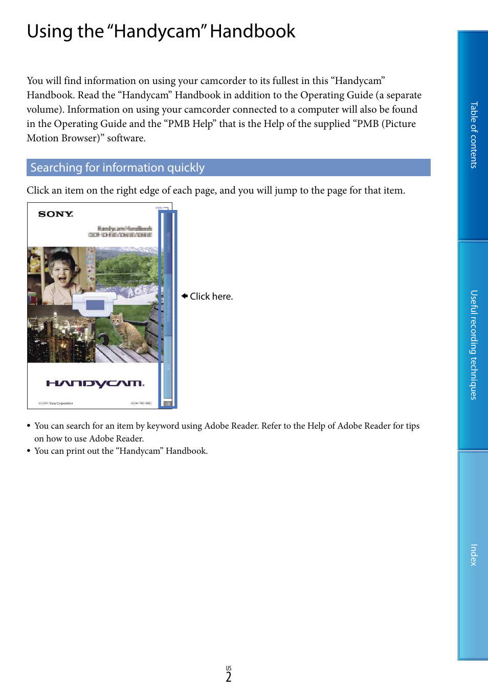 Using the “handycam” handbook, Searching for information quickly | Sony DCR-SX85 User Manual | Page 2 / 98