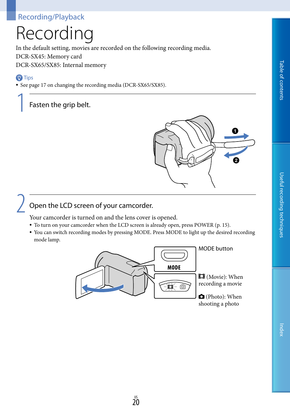 Recording/playback, Recording | Sony DCR-SX85 User Manual | Page 20 / 98