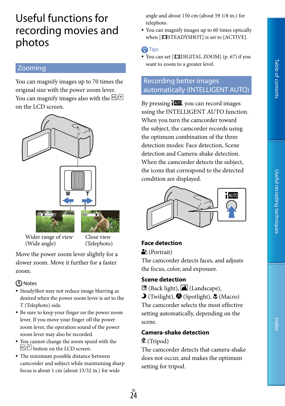 Useful functions for recording movies and photos, Zooming, O (24) | Sony DCR-SX85 User Manual | Page 24 / 98