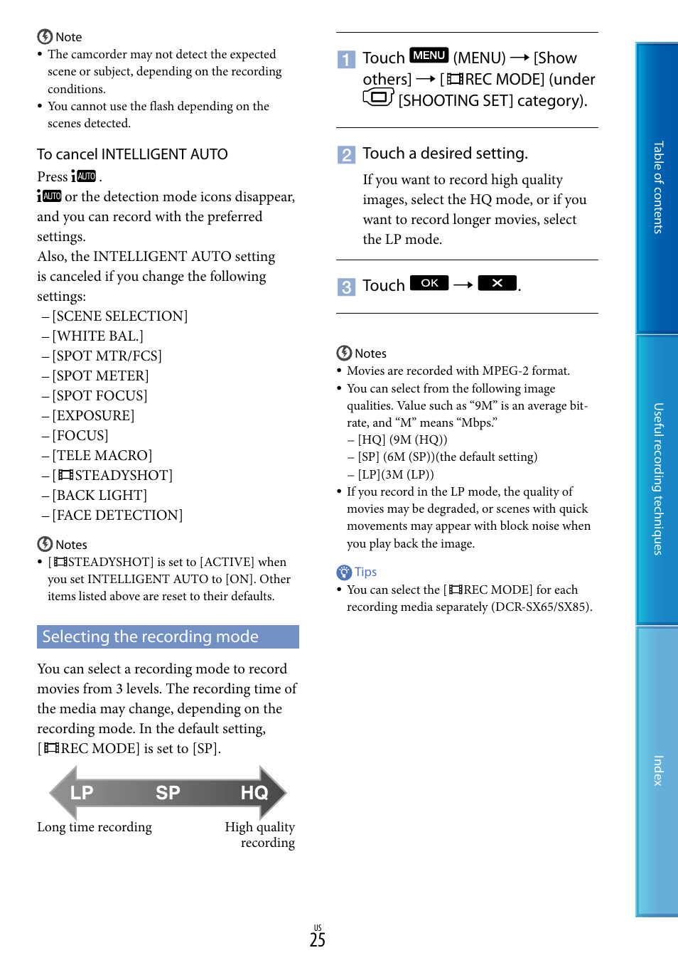 Selecting the recording mode, Touch | Sony DCR-SX85 User Manual | Page 25 / 98
