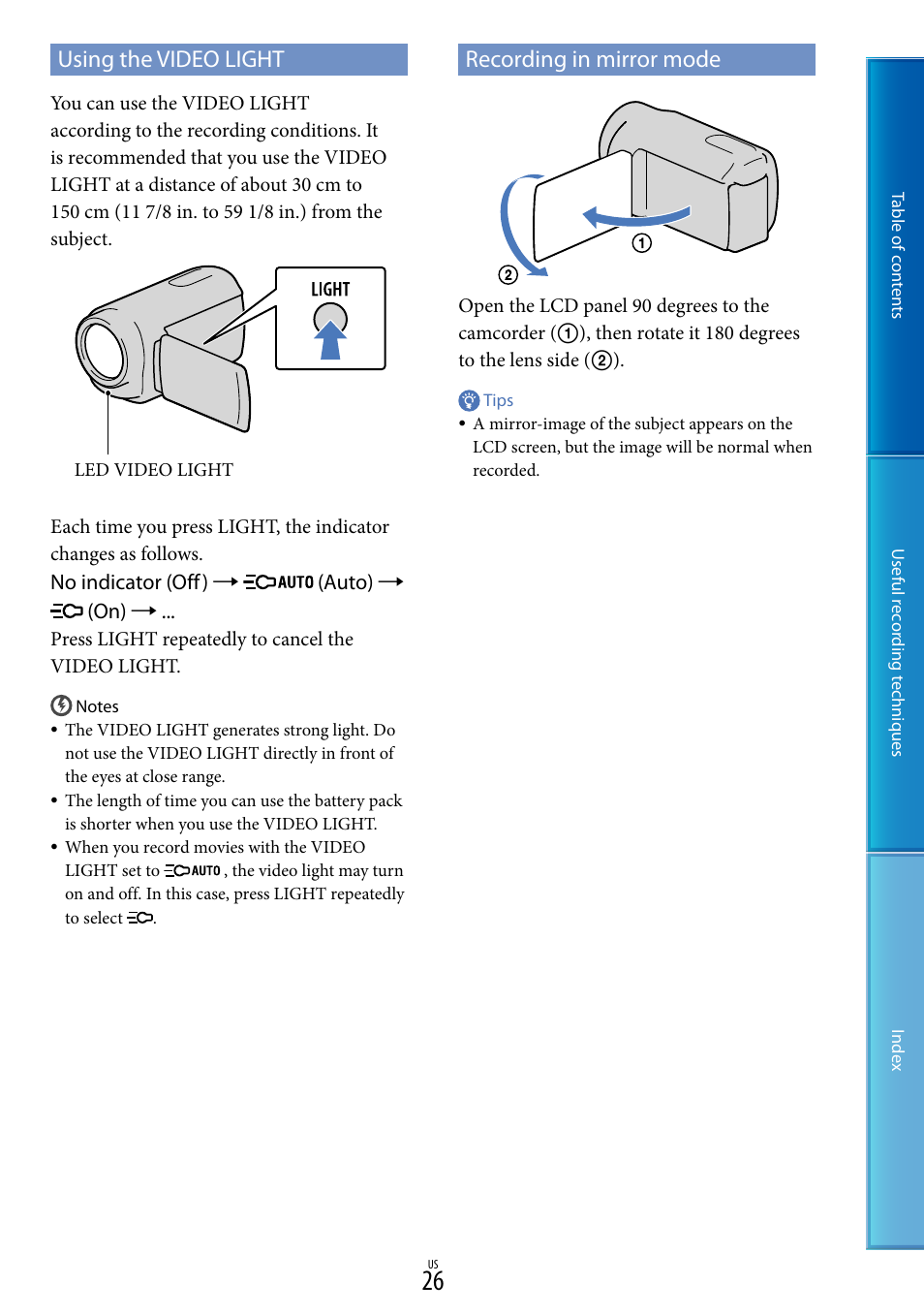 Using the video light, Recording in mirror mode, Ght (26) | Using the video light recording in mirror mode | Sony DCR-SX85 User Manual | Page 26 / 98