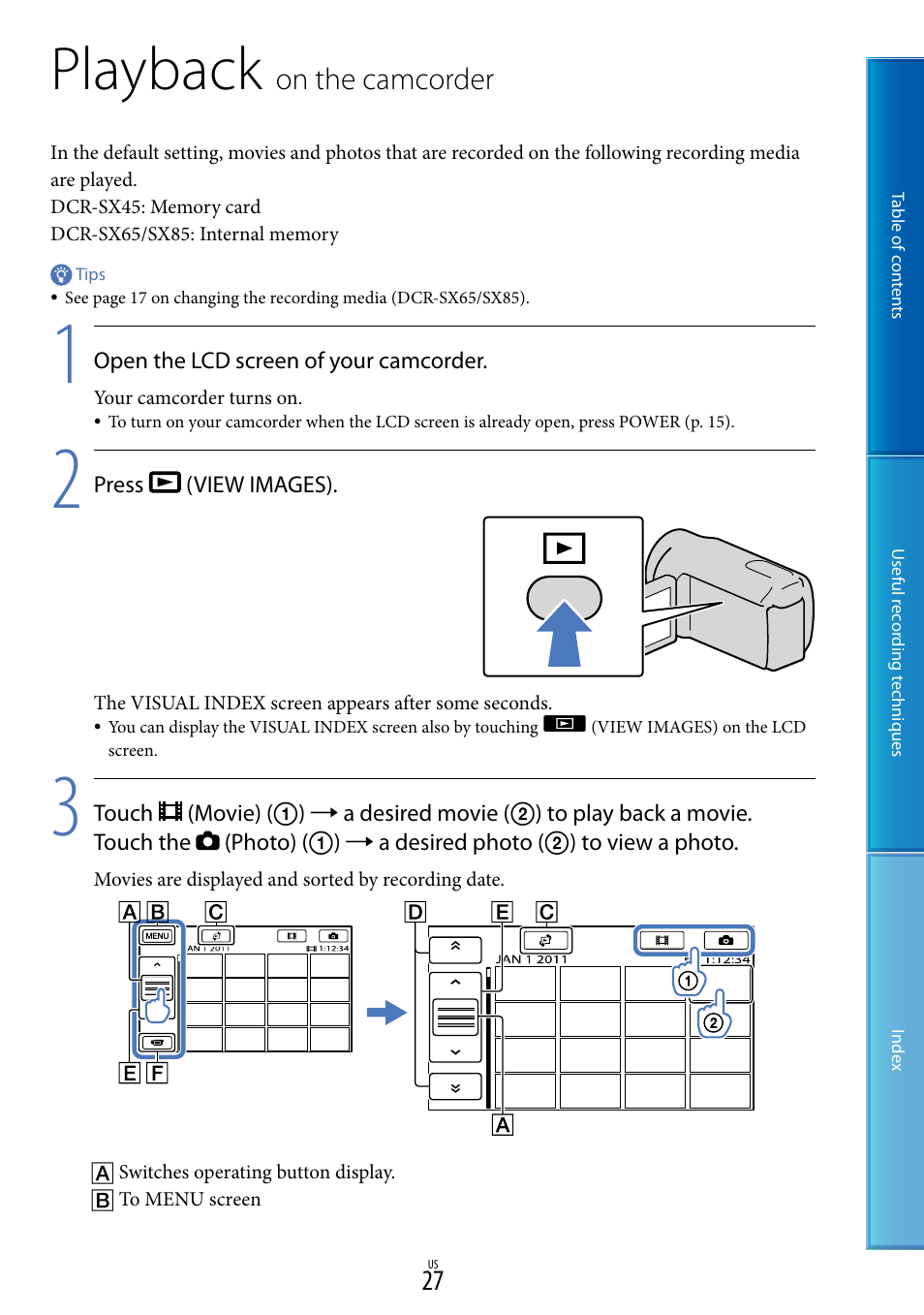 Playback on the camcorder, Playback, On the camcorder | Sony DCR-SX85 User Manual | Page 27 / 98