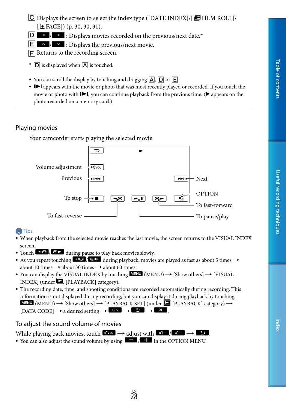 Playing movies | Sony DCR-SX85 User Manual | Page 28 / 98