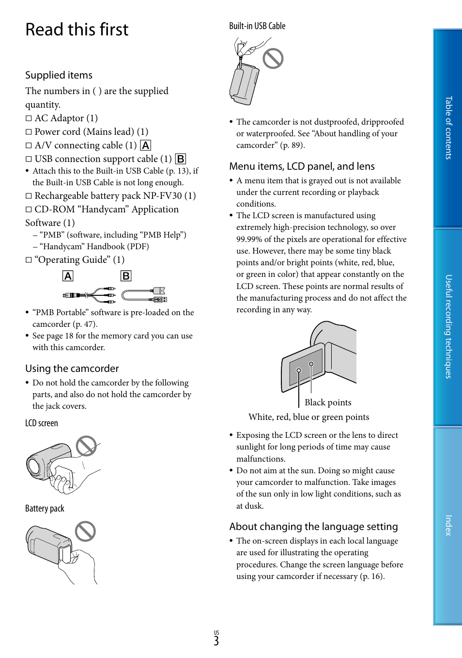 Read this first, Supplied items, Using the camcorder | Menu items, lcd panel, and lens, About changing the language setting | Sony DCR-SX85 User Manual | Page 3 / 98