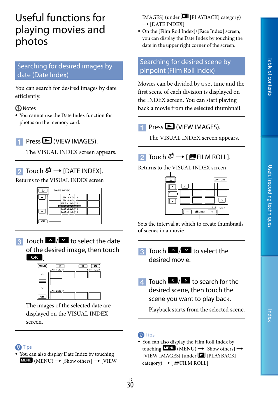 Useful functions for playing movies and photos, Searching for desired images by date (date index) | Sony DCR-SX85 User Manual | Page 30 / 98