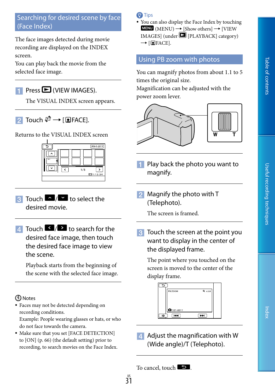 Searching for desired scene by face (face index), Using pb zoom with photos | Sony DCR-SX85 User Manual | Page 31 / 98