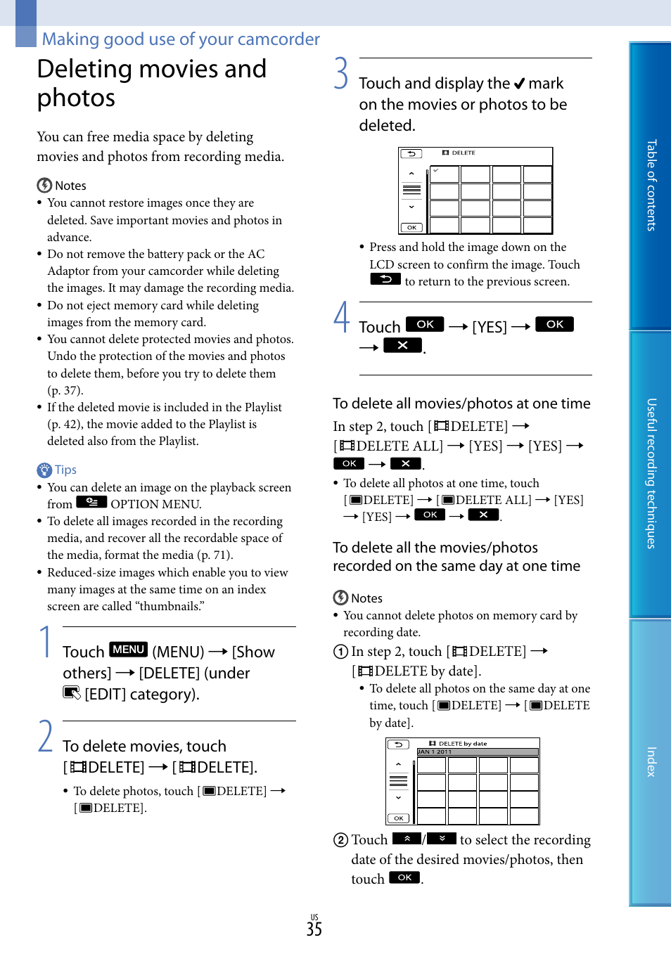 Making good use of your camcorder, Deleting movies and photos | Sony DCR-SX85 User Manual | Page 35 / 98