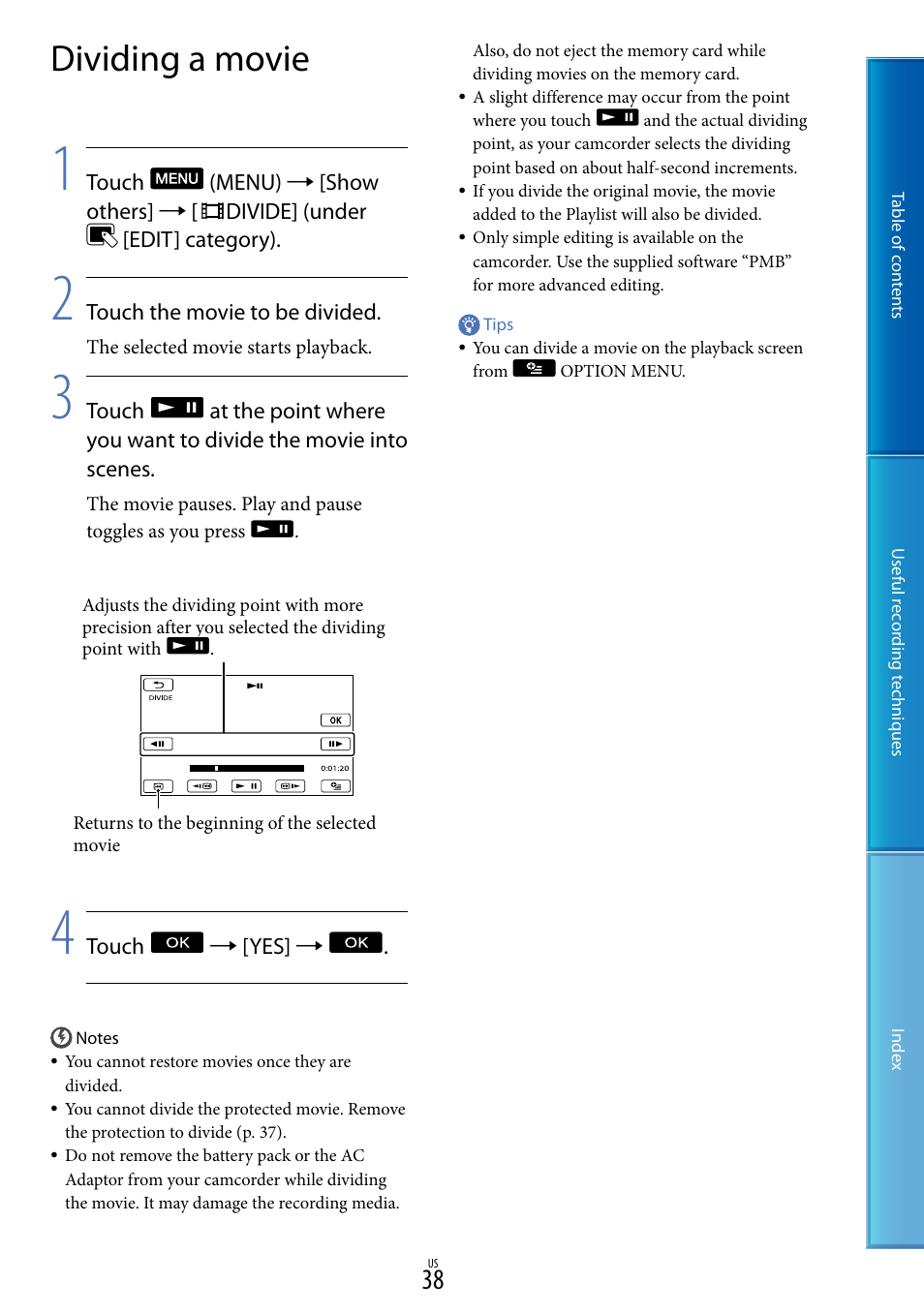 Dividing a movie | Sony DCR-SX85 User Manual | Page 38 / 98