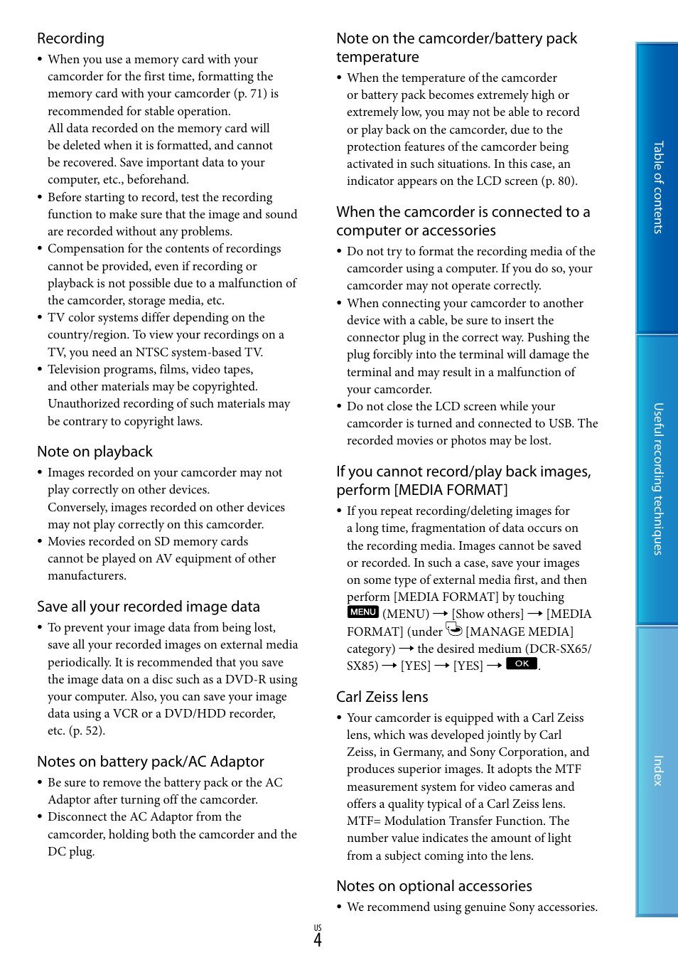 Recording, Save all your recorded image data, Carl zeiss lens | Sony DCR-SX85 User Manual | Page 4 / 98