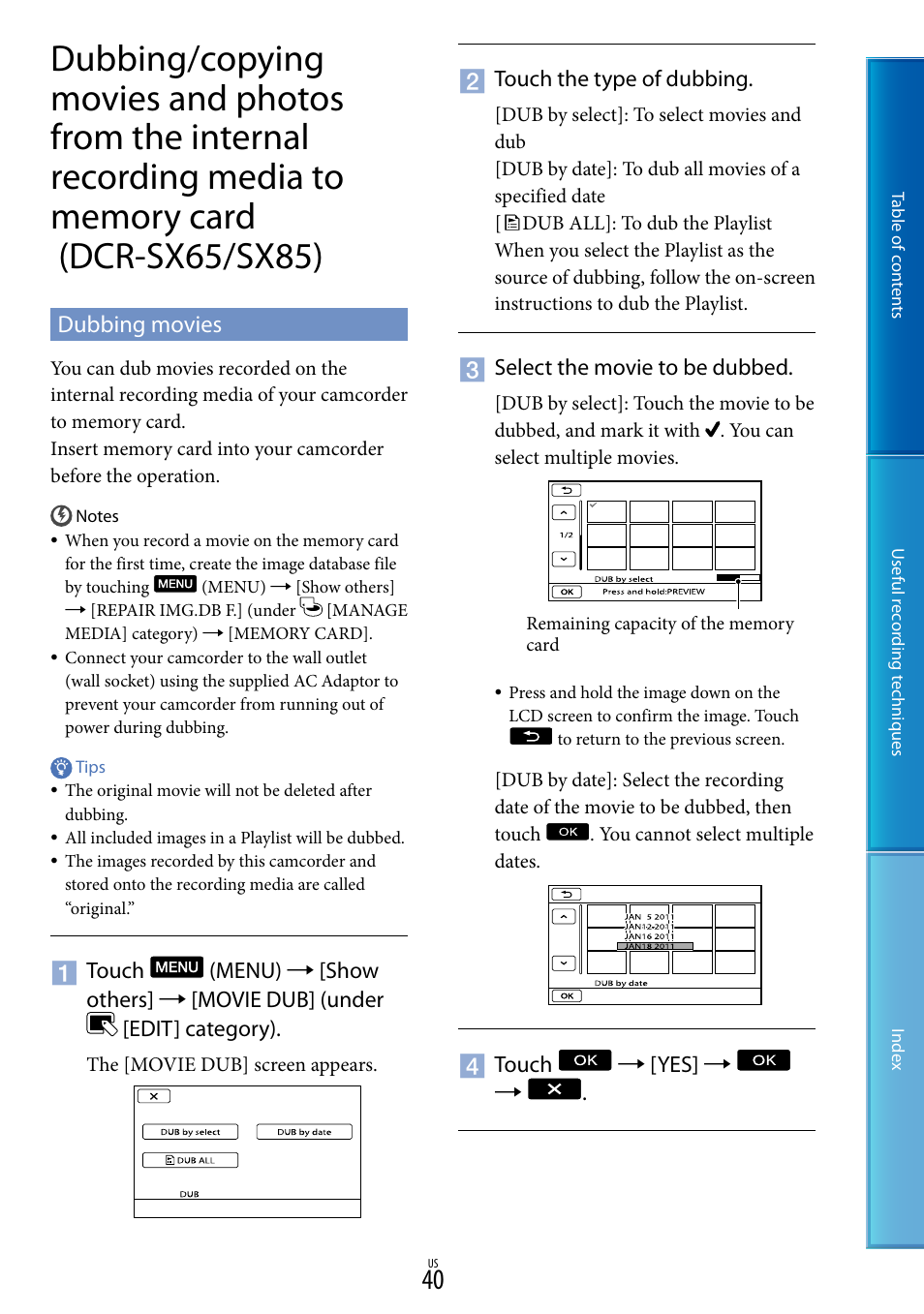 Dubbing movies, To memory card (dcr-sx65/sx85) | Sony DCR-SX85 User Manual | Page 40 / 98