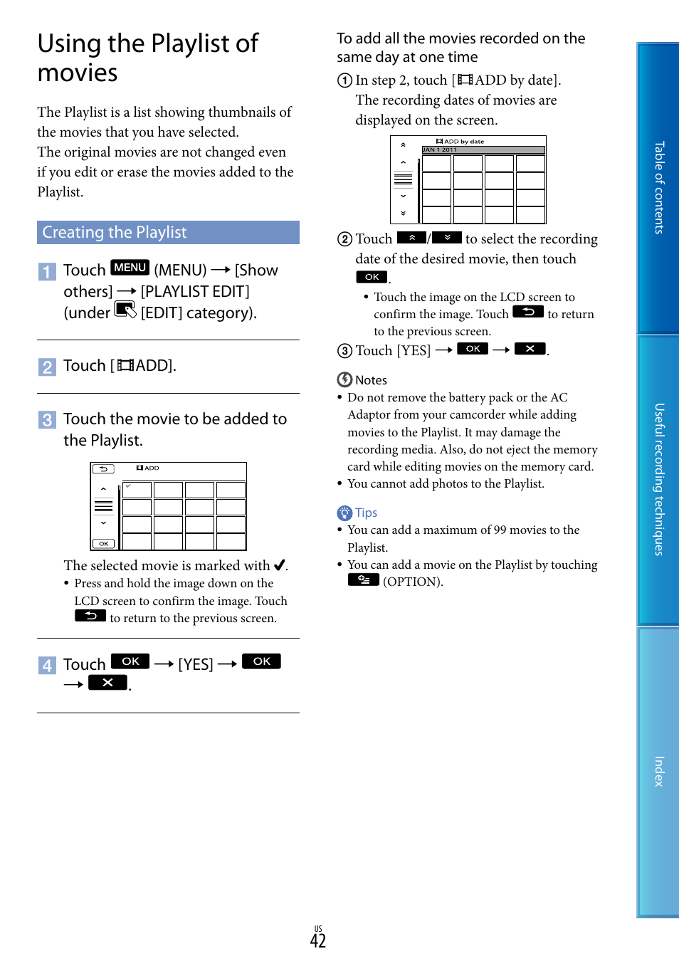 Using the playlist of movies, Creating the playlist | Sony DCR-SX85 User Manual | Page 42 / 98