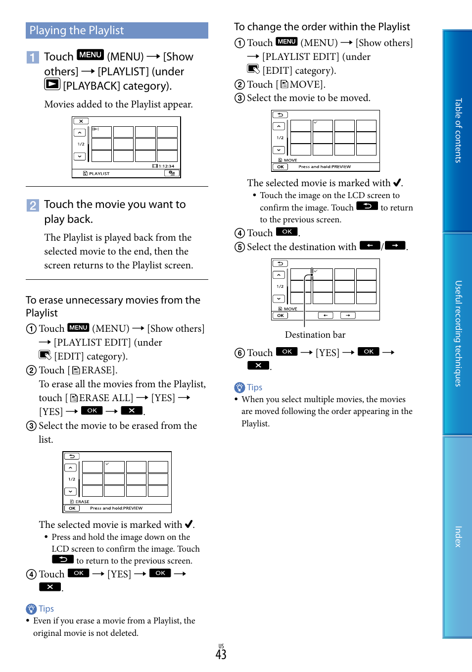 Playing the playlist | Sony DCR-SX85 User Manual | Page 43 / 98