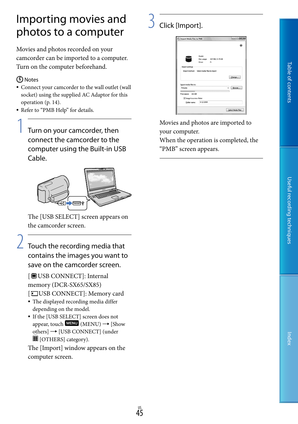 Importing movies and photos to a computer | Sony DCR-SX85 User Manual | Page 45 / 98