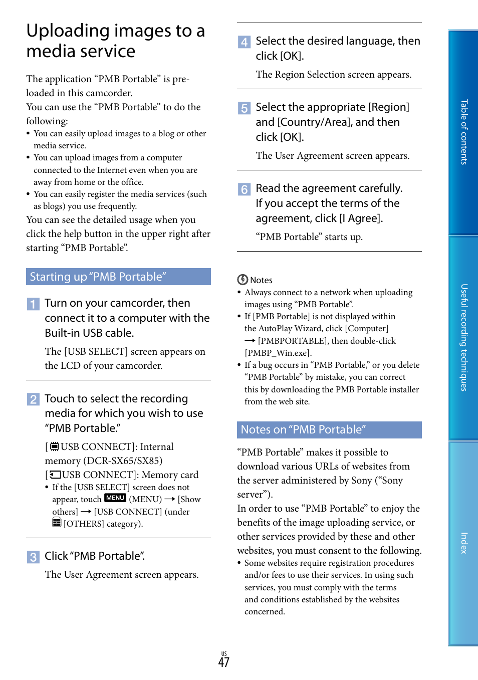 Uploading images to a media service, Starting up “pmb portable, Notes on “pmb portable | Starting up “pmb portable” notes on “pmb portable | Sony DCR-SX85 User Manual | Page 47 / 98