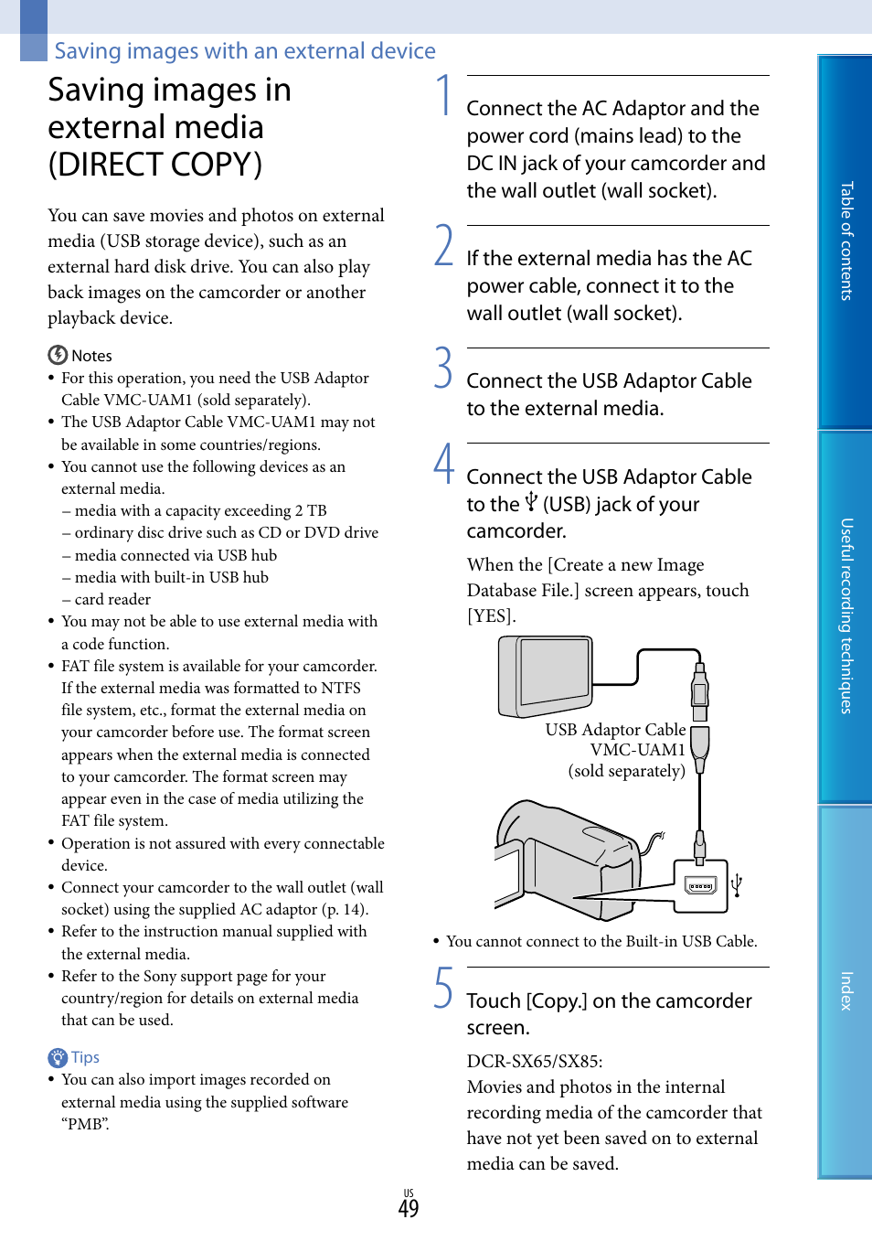 Saving images with an external device, Saving images in external media (direct copy) | Sony DCR-SX85 User Manual | Page 49 / 98