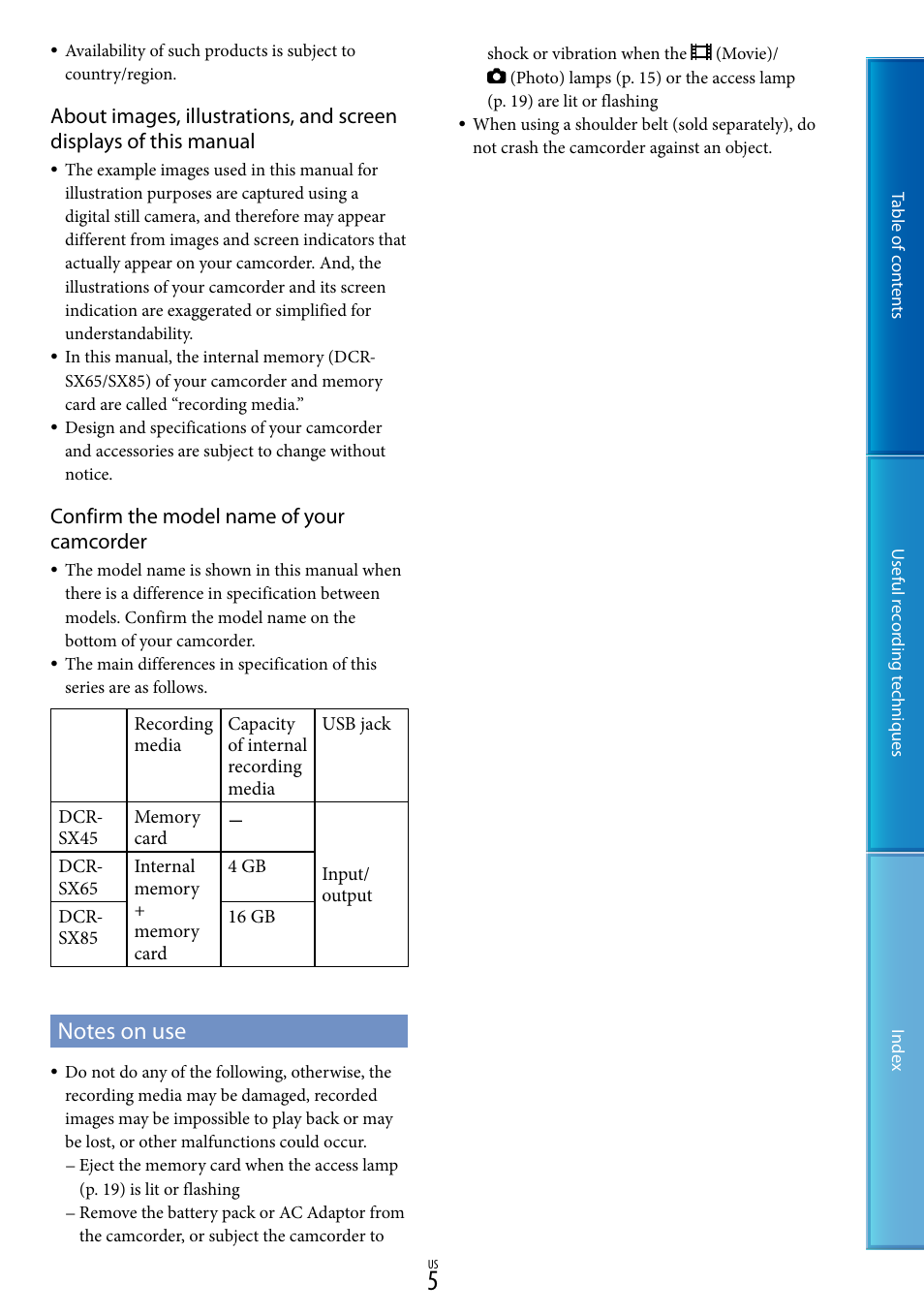 Notes on use, Confirm the model name of your camcorder | Sony DCR-SX85 User Manual | Page 5 / 98