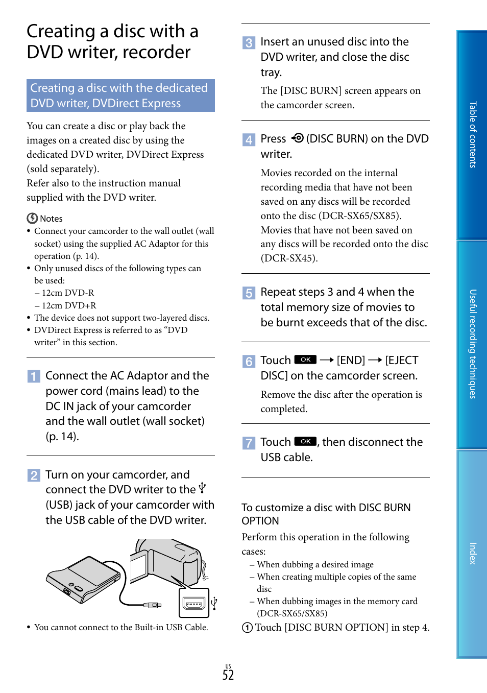 Creating a disc with a dvd writer, recorder | Sony DCR-SX85 User Manual | Page 52 / 98