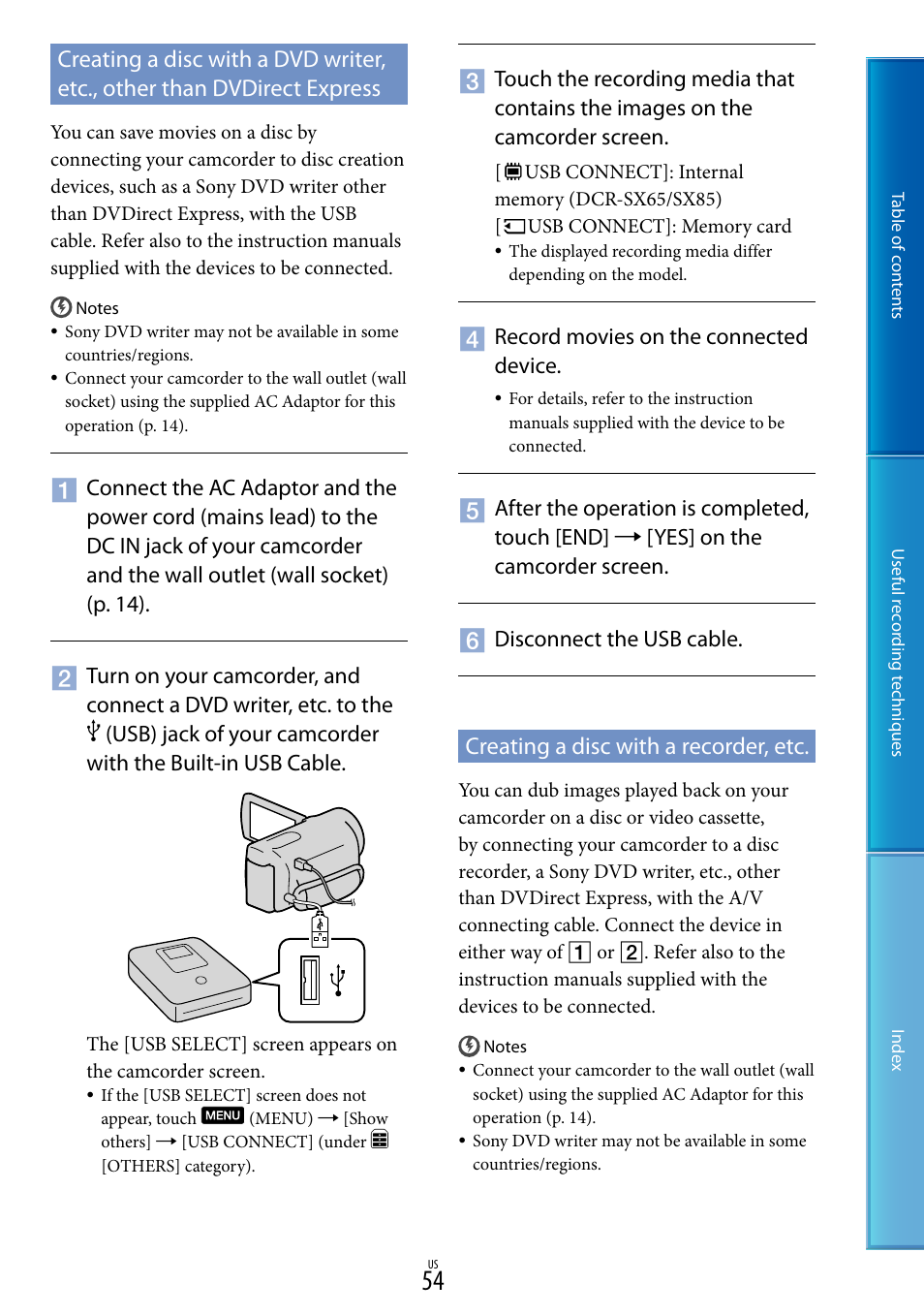 Creating a disc with a recorder, etc | Sony DCR-SX85 User Manual | Page 54 / 98