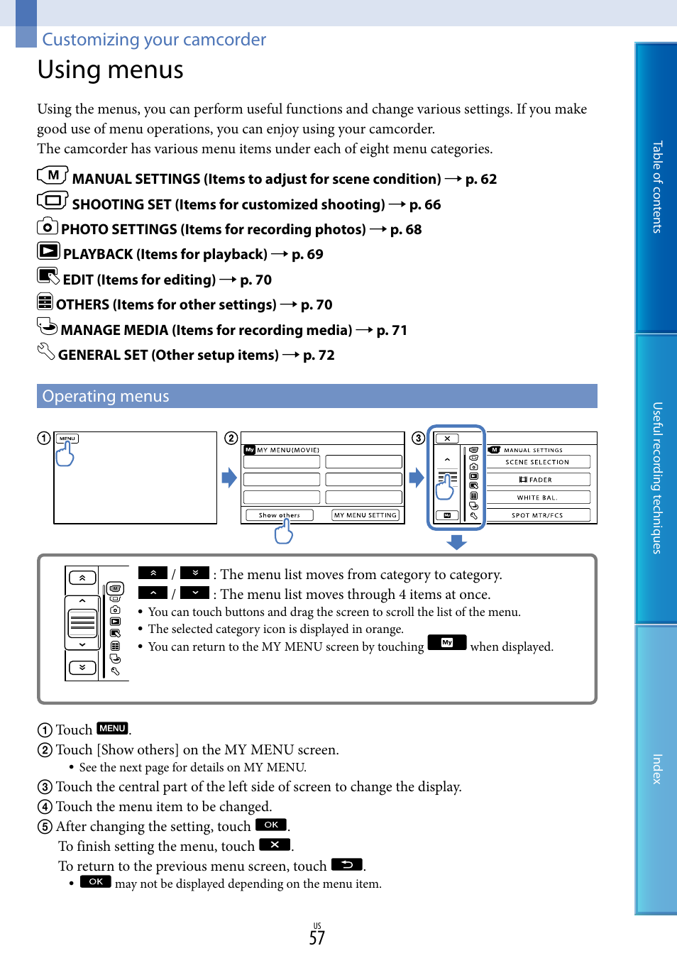 Customizing your camcorder, Using menus, Operating menus | Sony DCR-SX85 User Manual | Page 57 / 98