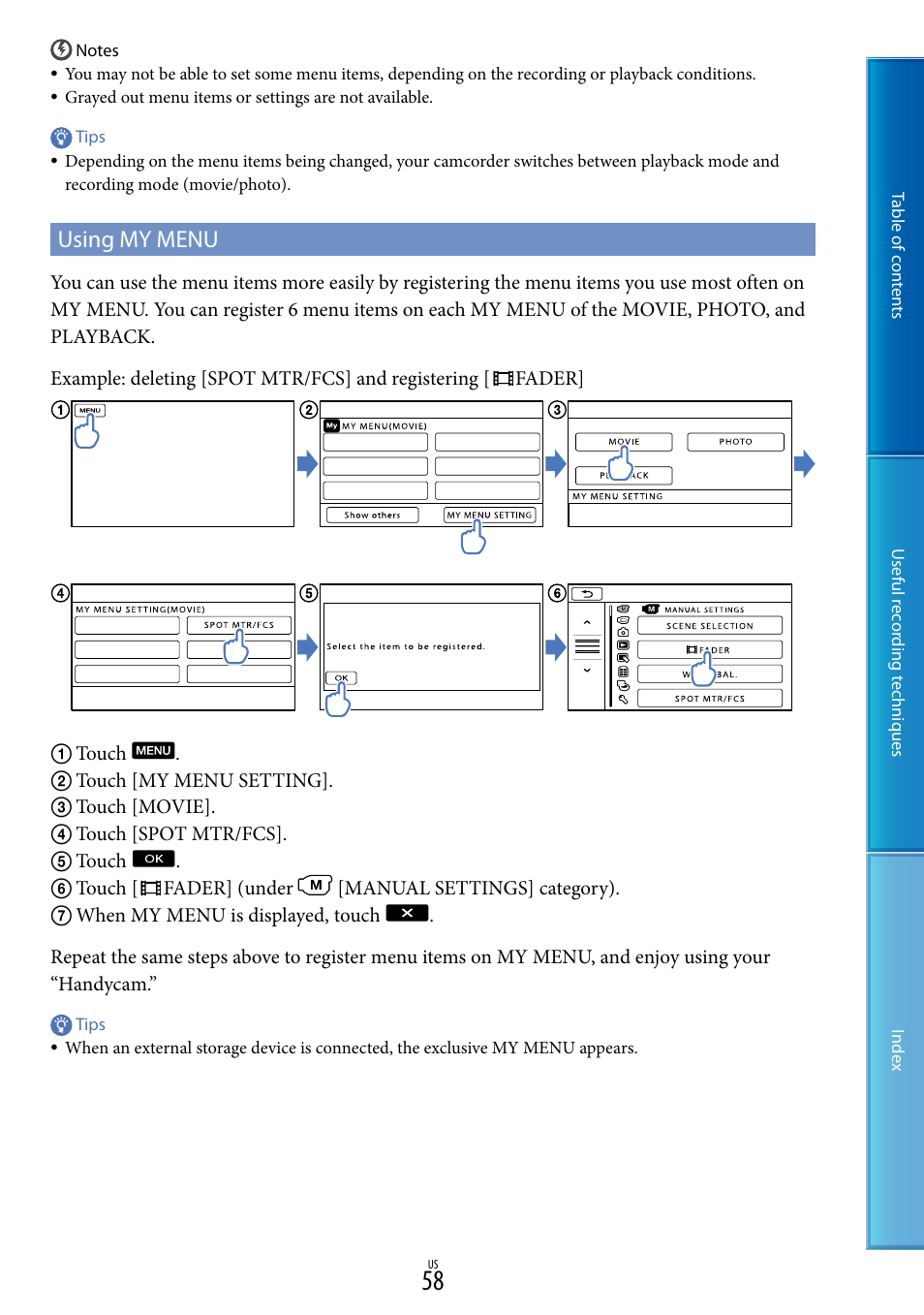Using my menu | Sony DCR-SX85 User Manual | Page 58 / 98