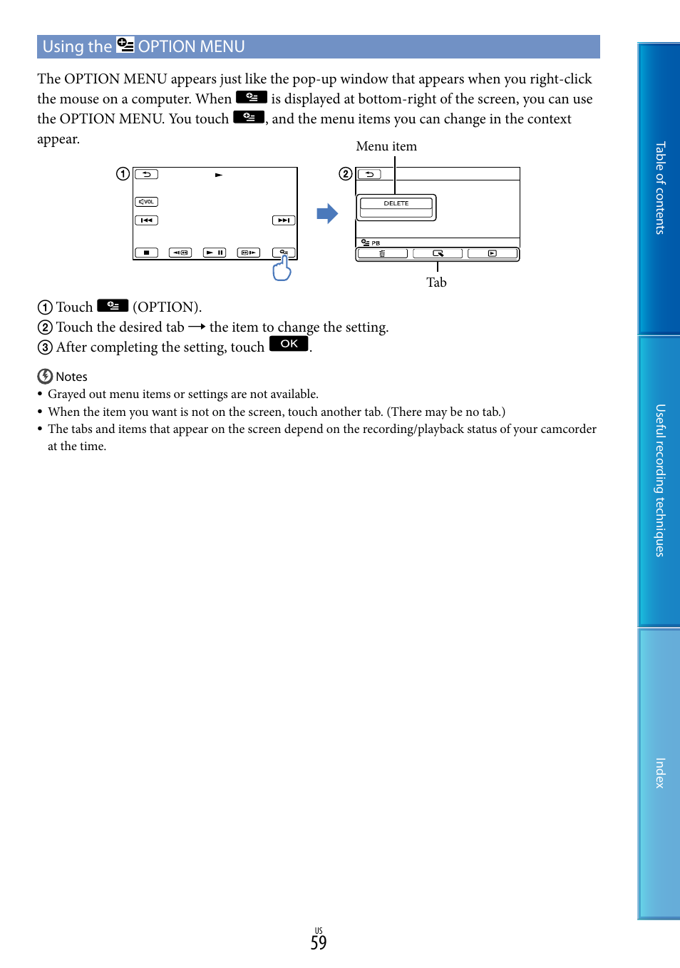 Using the option menu, Using the, Option menu | Sony DCR-SX85 User Manual | Page 59 / 98