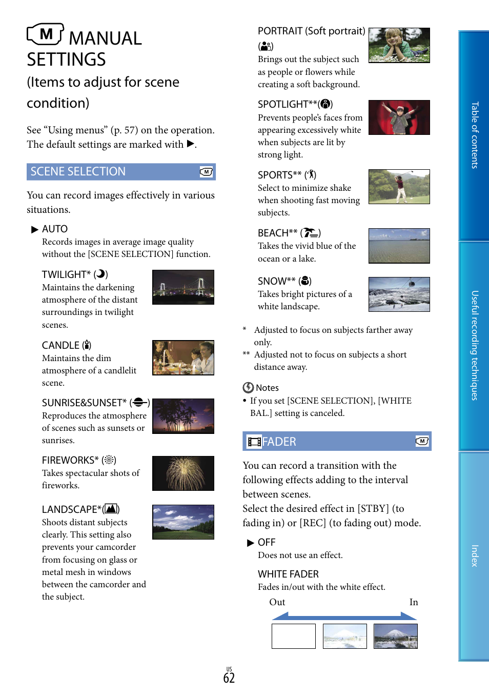Ait(62), Rks (62), T (62) | S (62), Manual settings, Items to adjust for scene condition), Scene selection, Fader | Sony DCR-SX85 User Manual | Page 62 / 98