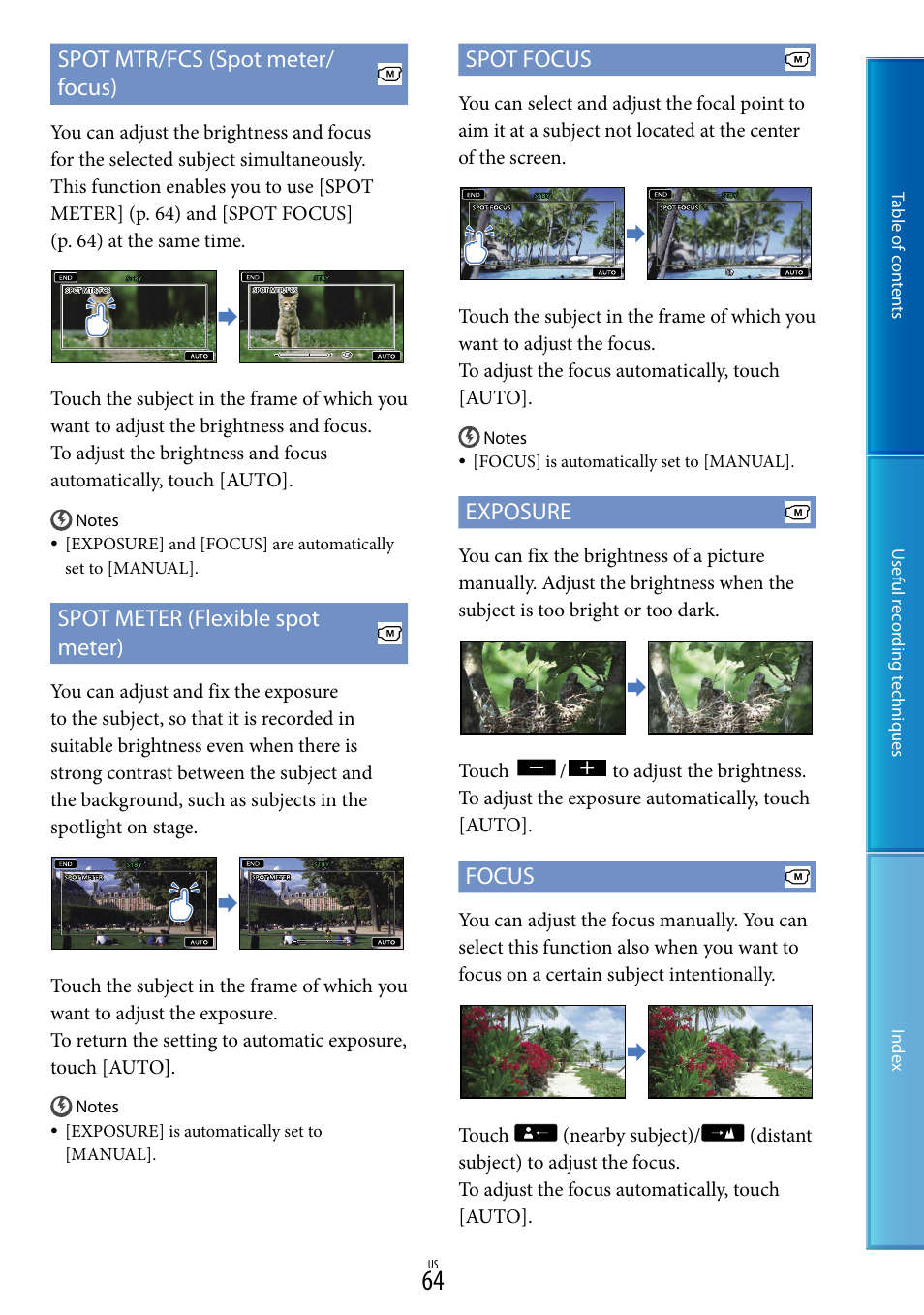 Cus (64), T mtr/fcs (64), Spot mtr/fcs (spot meter/ focus) | Spot meter (flexible spot meter), Spot focus, Exposure, Focus | Sony DCR-SX85 User Manual | Page 64 / 98