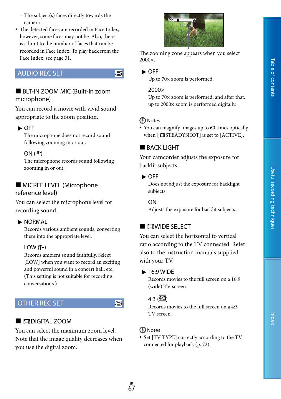 Audio rec set, Other rec set | Sony DCR-SX85 User Manual | Page 67 / 98