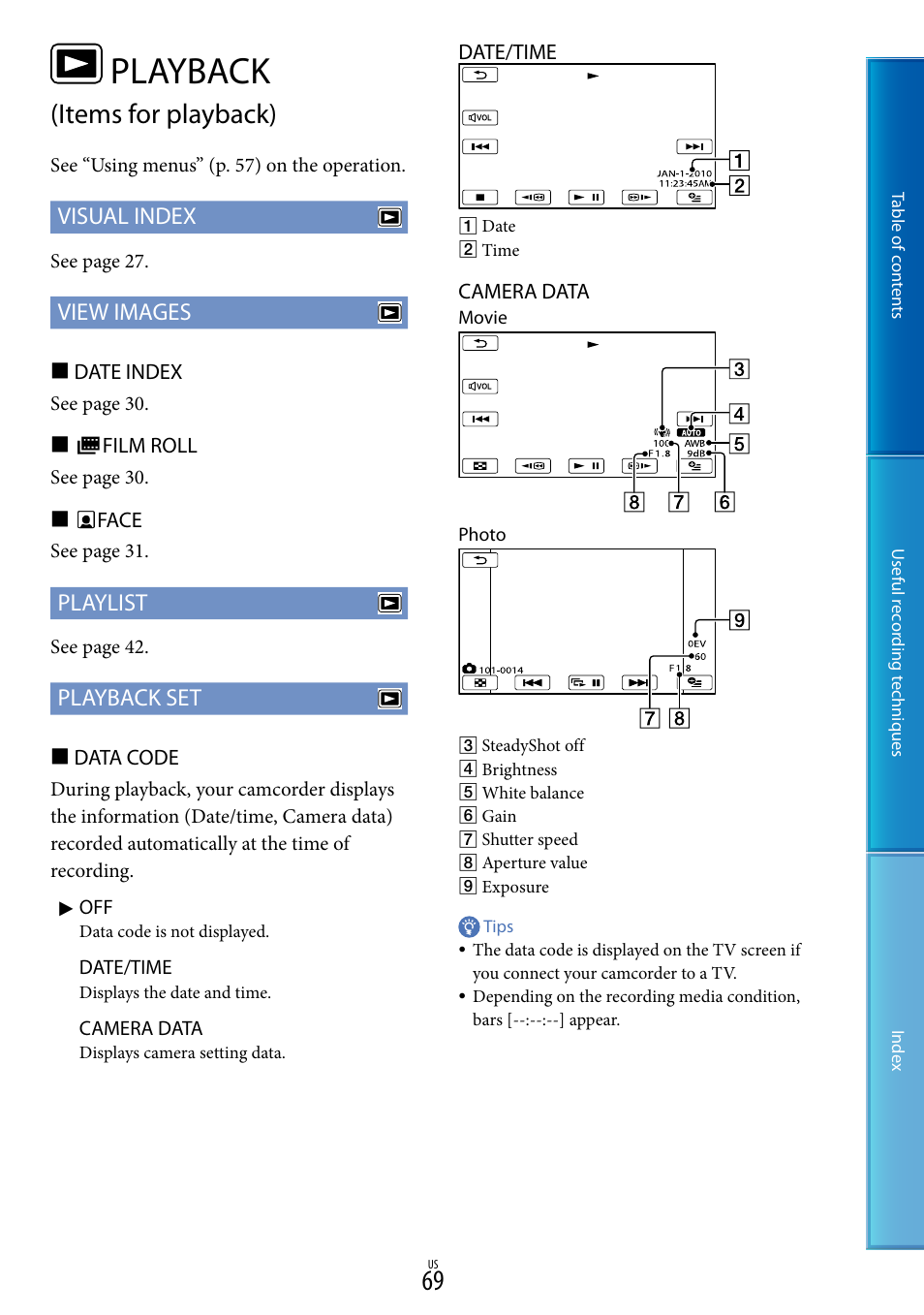 Playback (items for playback), Playback, Items for playback) | Visual index, View images, Playlist, Playback set | Sony DCR-SX85 User Manual | Page 69 / 98