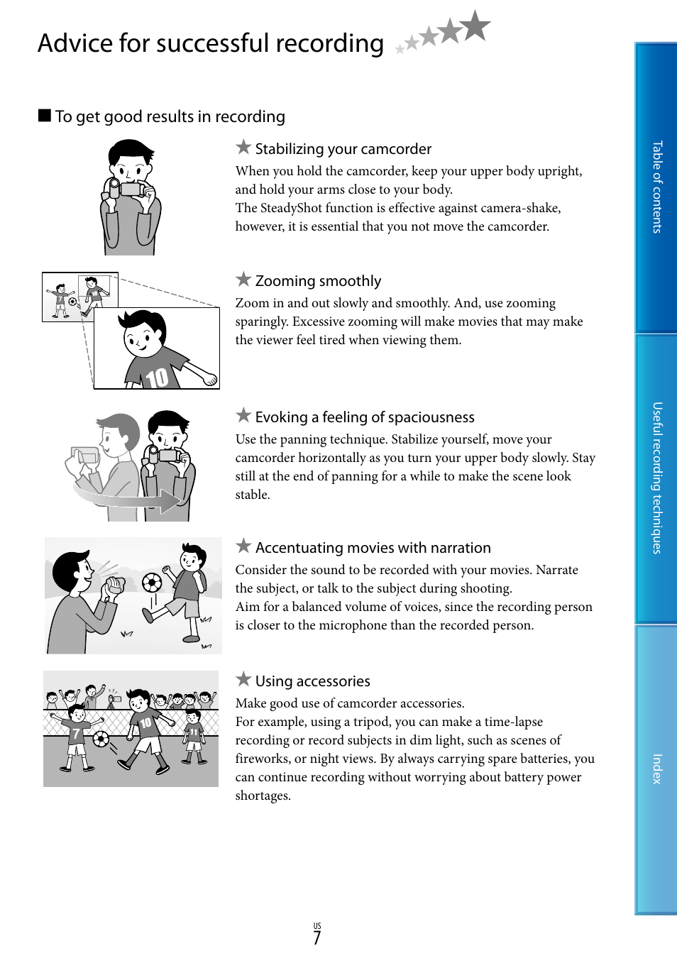 Advice for successful recording | Sony DCR-SX85 User Manual | Page 7 / 98
